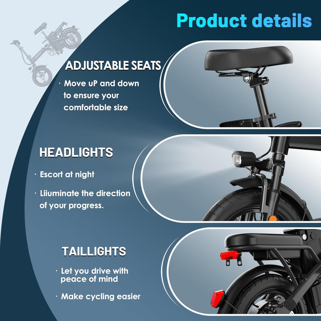 REOCRO Foldable Electric Bike - 700W Peak Motor, 48V Removable Battery, 14" Mini E-Bike for Commuting