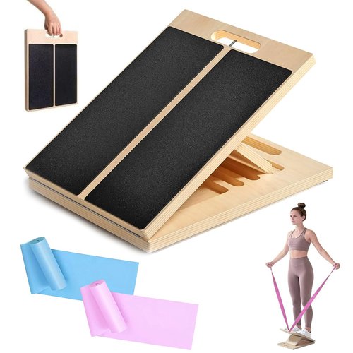 Wooden Slant Board for Calf Stretching, Adjustable Calf Stretch Board with Training Poster & Resistance Bands, 300lb Weight Capacity Calf Ankle Achilles Physical Therapy Leg Exercisers Portable
