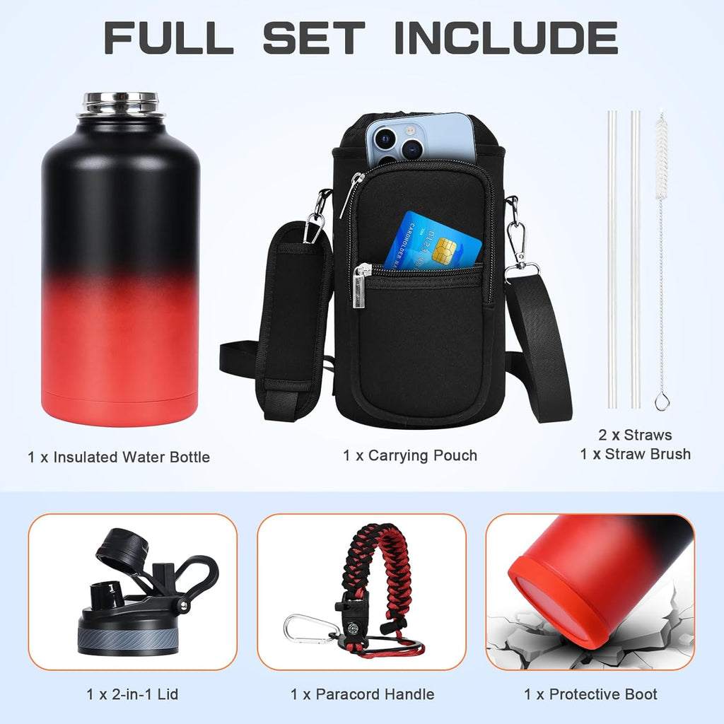 Skiennix Insulated Water Bottle - 64 oz Half Gallon Stainless Steel Flask with 2-in-1 Lid & Paracord Handle