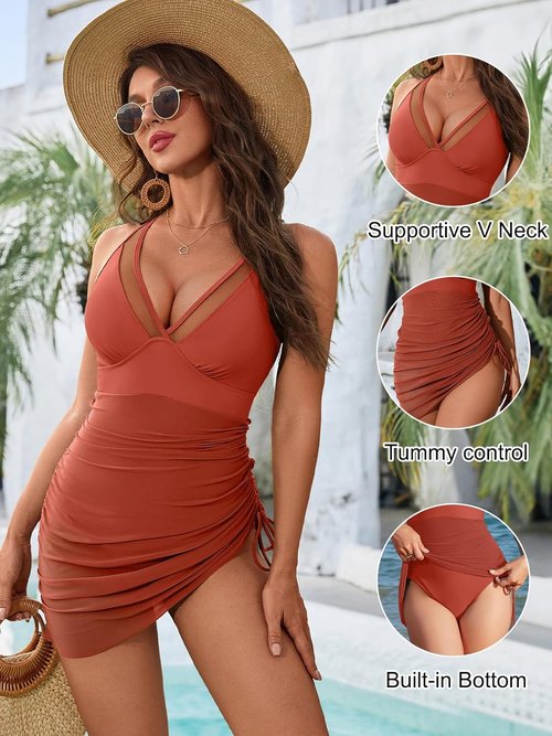 Blooming Jelly One-Piece Swim Dress - Tummy Control & Slimming Mesh Sheer Wrap, Black