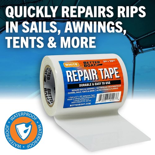 Better Boat Repair Tape for Fabric and Vinyl 30ft x 3in, White Waterproof Patch Tape for RV Awning Canvas Tent Tarp Sail Canopy Boat Cover, Heavy Duty