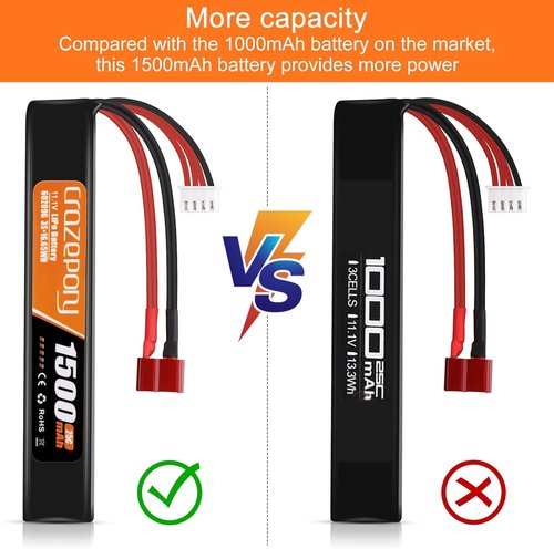 Crazepony 11.1V 1500mAh 3S LiPo Airsoft Battery - Rechargeable with T-Plug & JST XH Connector