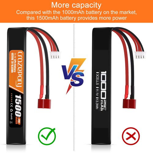 Crazepony Airsoft Battery 11.1V Rechargeable 3S LiPo 1500mAh 25C Hobby Battery with T-Plug & JST XH Connector for Airsoft Model Rifle