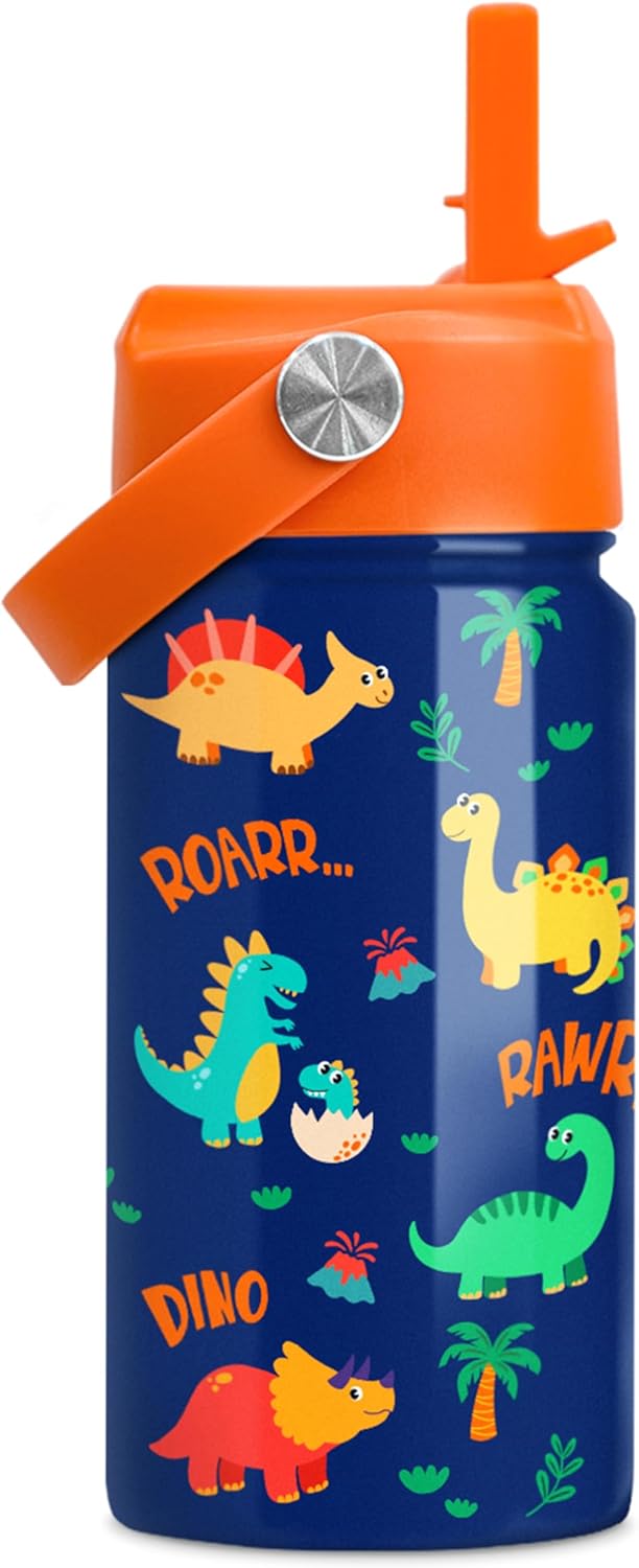 Skiennix Dinosaur Water Bottle - Insulated 12 Oz Kids Bottle with Straw Lid | Perfect for School & Sports