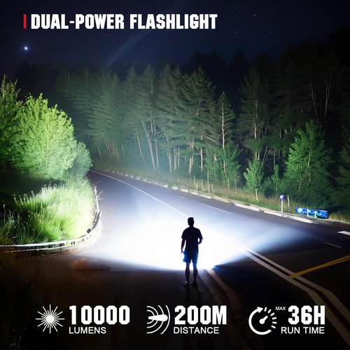 CRAFTZONE Rechargeable High Lumen Flashlights, 10000LM 2624Feet Long Throw Super Bright Flashlight,Bidirectional Lighting 300-hour Ultra-Long Flashlights,IPX6 Waterproof(Black)