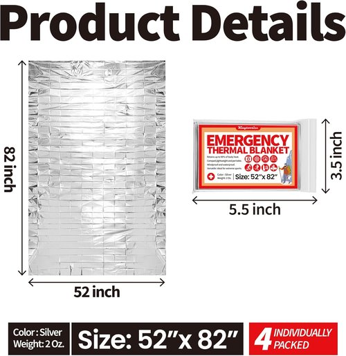Emergency Thermal Blanket - Mylar Space Survival Kit | 4-Pack for Ultimate Protection
