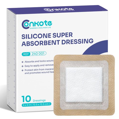 Conkote 10 Pack Silicone Super Absorbent Dressings for Wound Care, FSA or HSA Gentle Adhesive Bandages 5" X 5" Large High Absorbency Waterproof Bandages