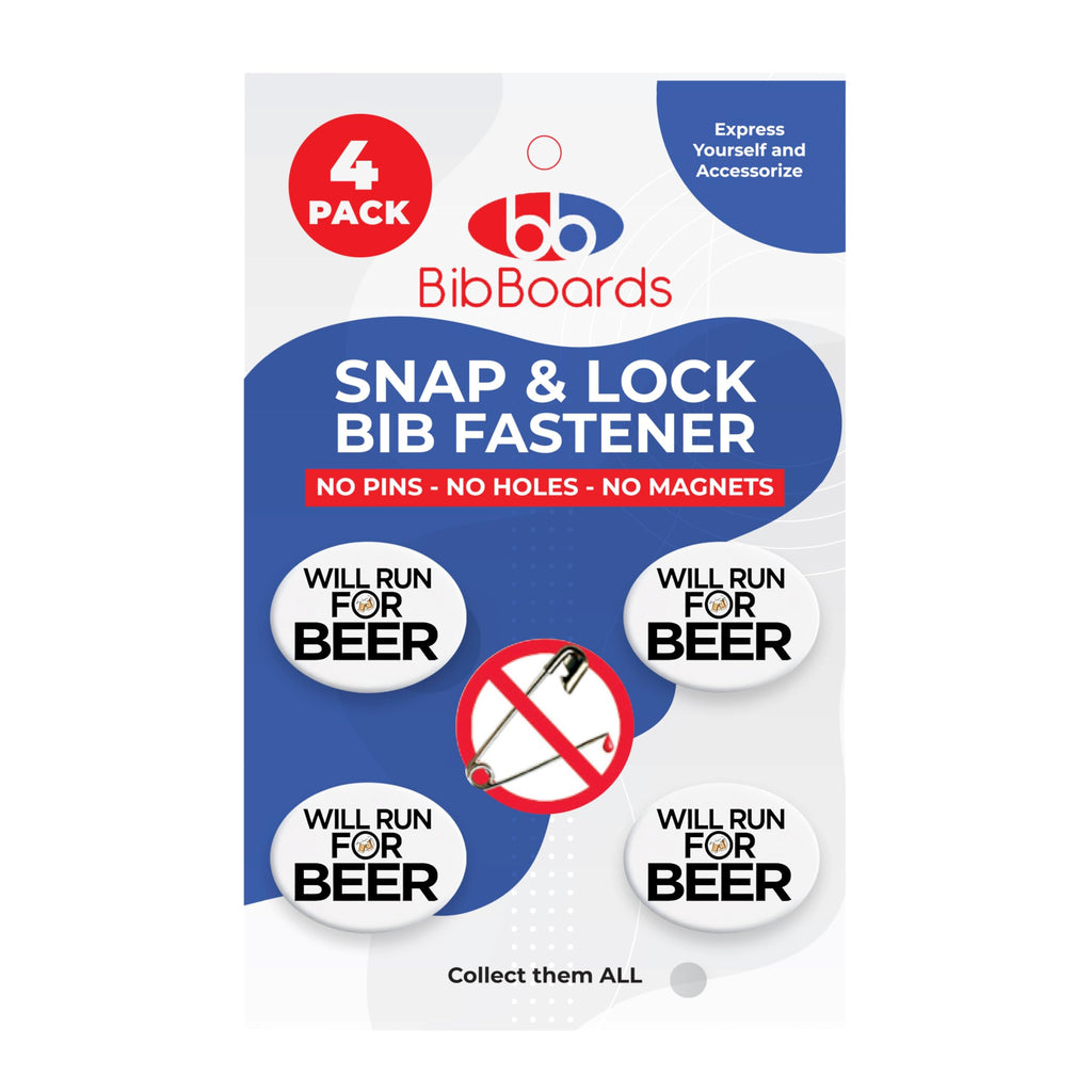 bibSNAPS Race Bib Clips - Safety Lock Fasteners - Secures Running, Marathon, Cycling & Event Number, Non Magnetic, Easy to Use, Soft & Reusable, Replacement for Pins & Magnets, Will Run for Beer(4pcs)