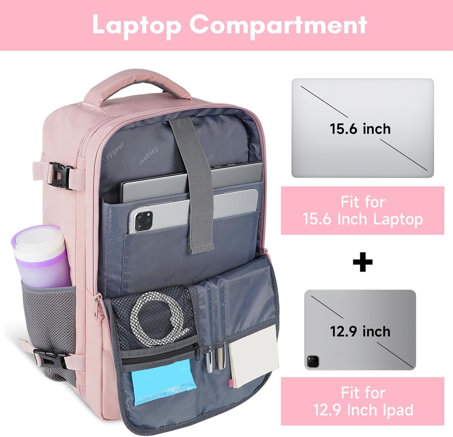 Taygeer Travel Backpack - Stylish 15.6-Inch Laptop Bag with Water Bottle Pocket & Shoe Pouch | Pink