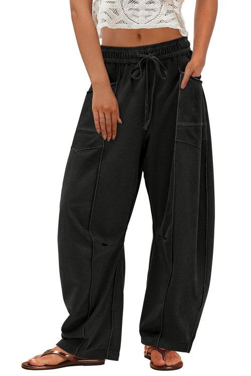 ReachMe Womens Barrel Sweatpants Baggy Wide Leg Sweat Pants Drawstring Travel Pants Summer Vacation Outfits(Black,M)