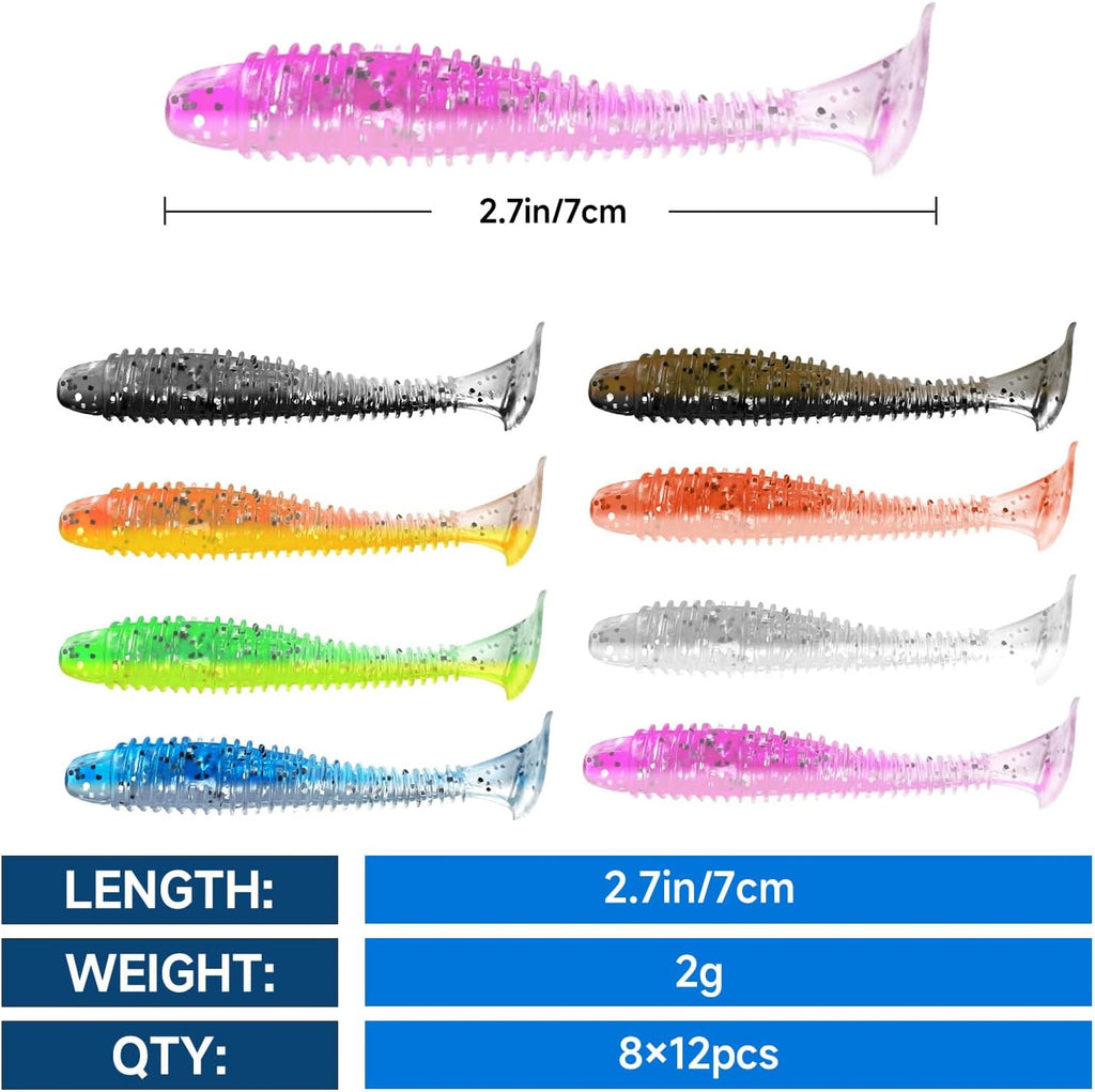 Skiennix Soft Fishing Lures - 96 Pcs 3" Paddle Tail Swimbaits with Unique Vibrating Action | 8 Colors for Trout, Crappie, Walleye & Sea Bass