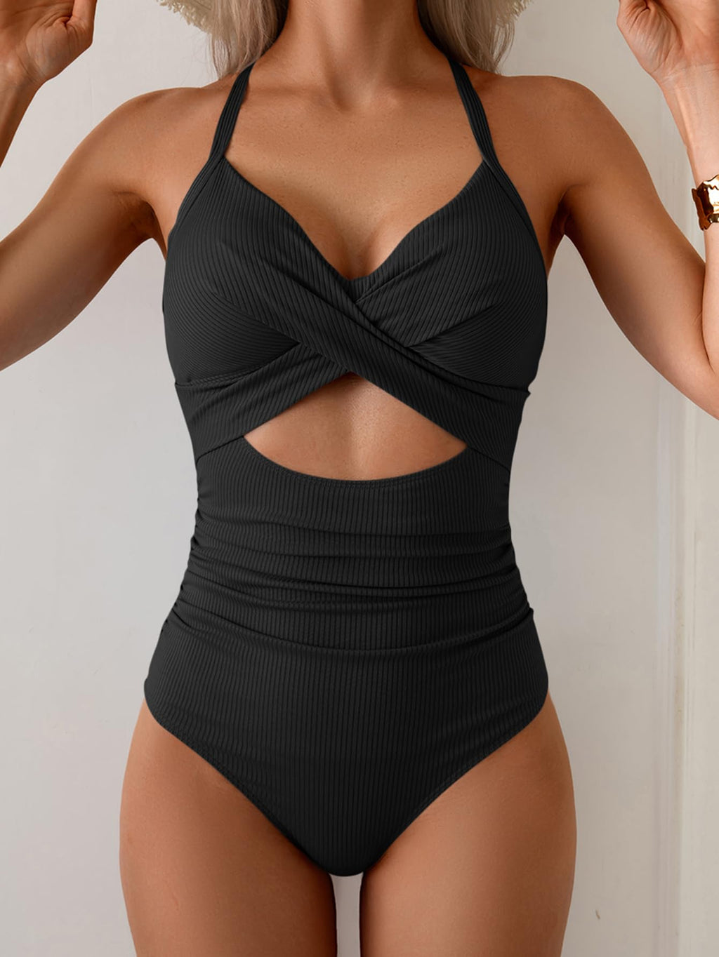 Eomenie Women's One Piece Swimsuits Tummy Control Cutout High Waisted Bathing Suit Wrap Tie Back 1 Piece Swimsuit Black and Green Leaf Print