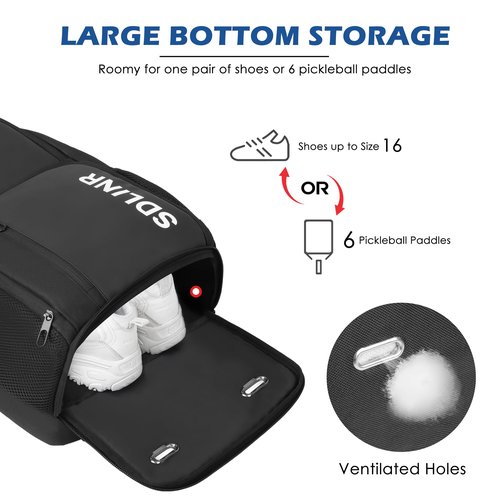 SDLINR Pickleball Bag Fits 4 to 10 Paddles, Large Pickleball Backpack with Shoe Compartment and Fence Hook, Pickle ball Gifts for Men Women (Black)