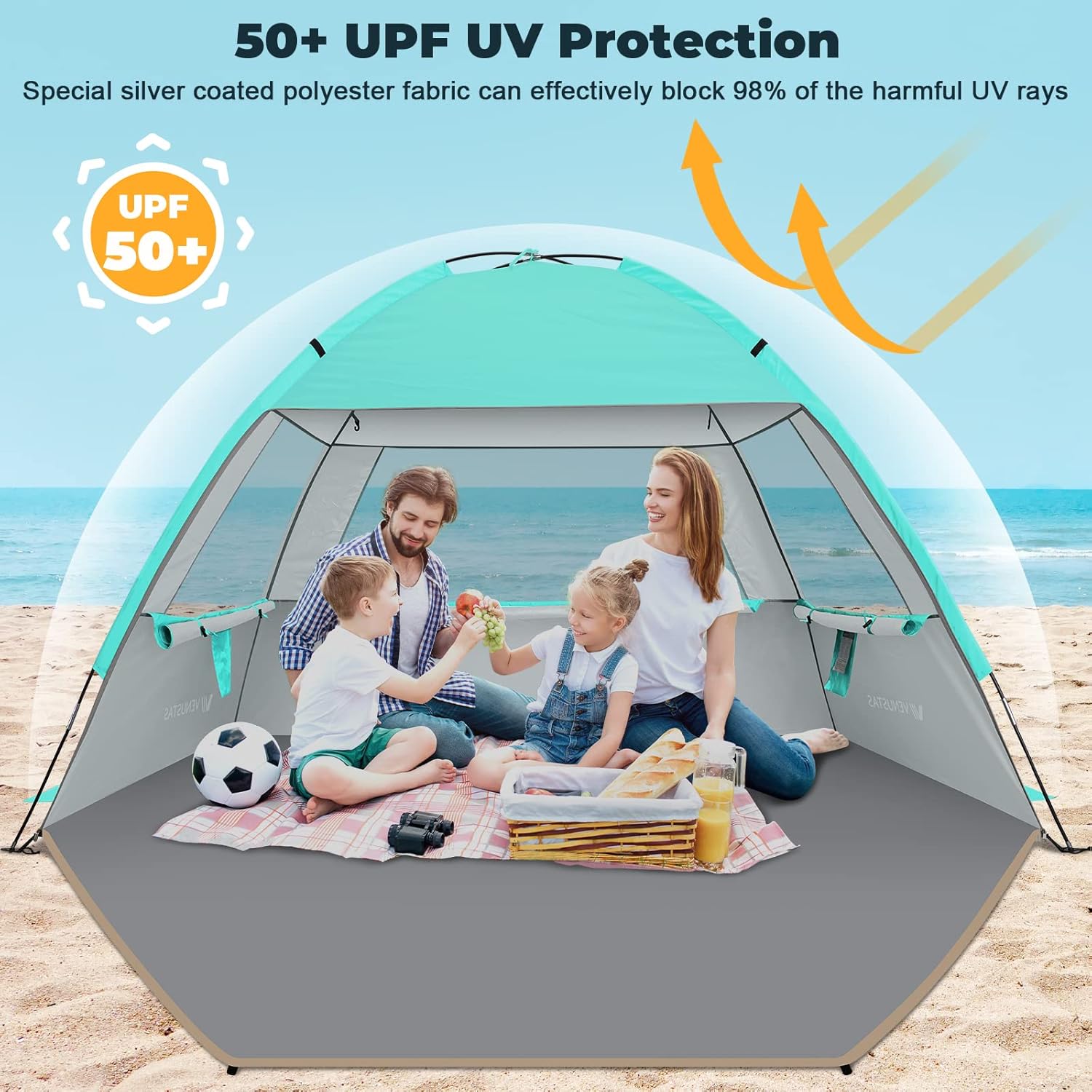 Venustas Beach Tent Sun Shelter for 3/4/6/8 Person, UPF 50+ UV Protection Beach Canopy, Lightweight and Easy Setup Cabana, Portable Shade Tent