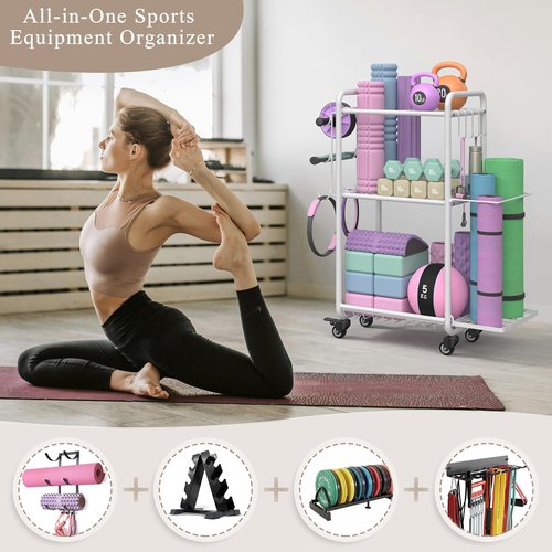 Multi-Functional Home Gym Storage Rack - Yoga Mat Storage Rack, Dumbbell Weight Rack & Workout Equipment Storage with Heavy-Duty Steel Construction for Gym Fitness Organizer (White)