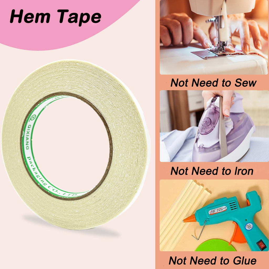 Skiennix Double-Sided Fabric Tape - 1/2 Inch x 100 Ft Clear Self-Adhesive Hemming Tape for Curtains, Clothing & Crafts