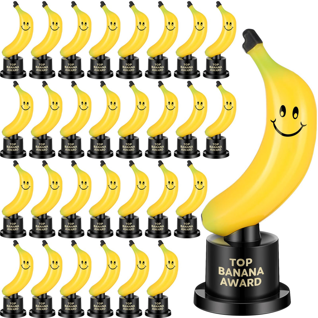 Tondiamo 12 Pcs Top Banana Award Trophy Plastic Cute Fun Award Trophy Smiling Yellow Banana on Black Stand Funny Trophies Gifts