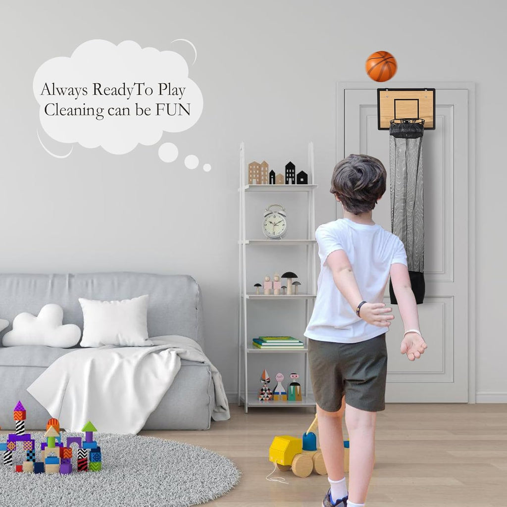 Skiennix Over The Door Basketball Hoop Laundry Basket - Space-Saving Wooden Hamper for Kids' Rooms & Dorms