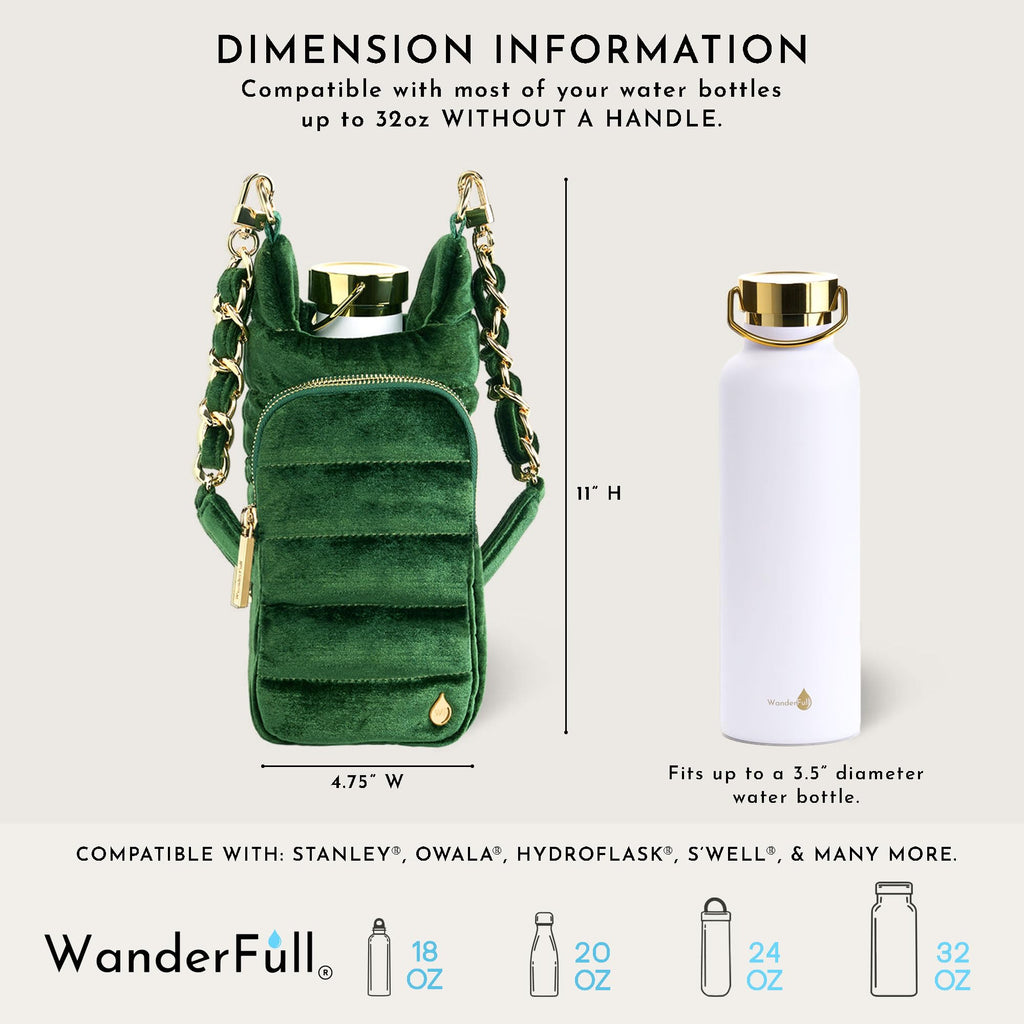WanderFull® Original HydroBag® Velvet, Fits Up to 32 oz Water Bottle Holder with Gold Chain Shoulder Strap, Hands-Free Crossbody Water Bottle Carrier Bag w/Phone Pocket, Wine Bag - Emerald