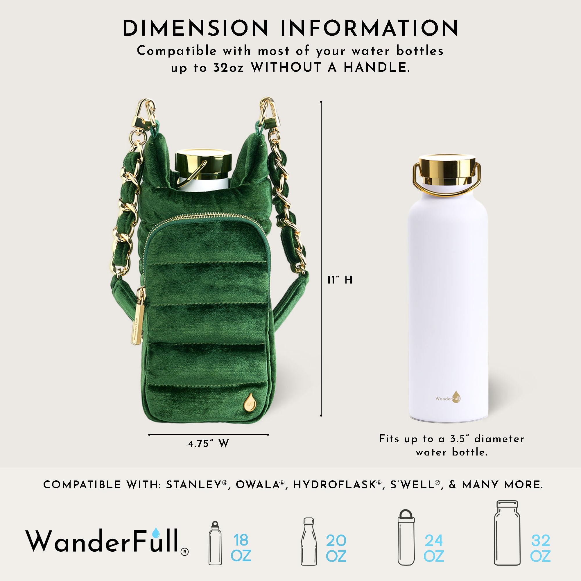 WanderFull® Original HydroBag® Velvet, Fits Up to 32 oz Water Bottle Holder with Gold Chain Shoulder Strap, Hands-Free Crossbody Water Bottle Carrier Bag w/Phone Pocket, Wine Bag - Emerald