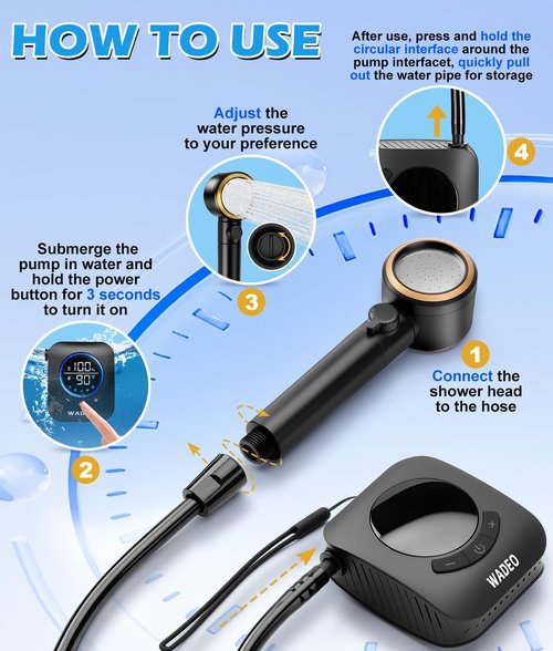2026 Upgraded Portable Shower for Camping, 8000mAh Rechargeable Camping Shower Pump with 5 Gal Foldable Bucket, 5 Pressure Modes, IPX8 Waterproof, Outdoor Shower for Hiking, Travel, Car, Pet, Beach