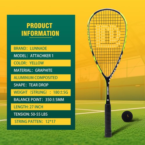 LUNNADE Carbon Squash Racket, Lightweight Tear Drop Squash Racquet with Ball Overgrip Damper and Bag