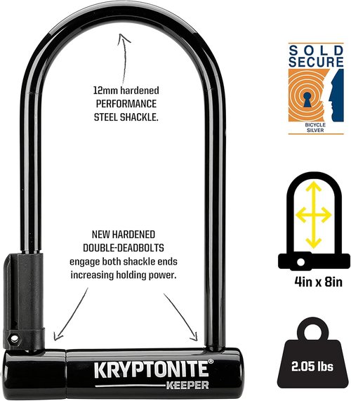 Kryptonite Keeper U-Lock - Heavy Duty Anti-Theft Bicycle Lock with Braided Steel Cable | 12mm Shackle, 4ft Security Cable