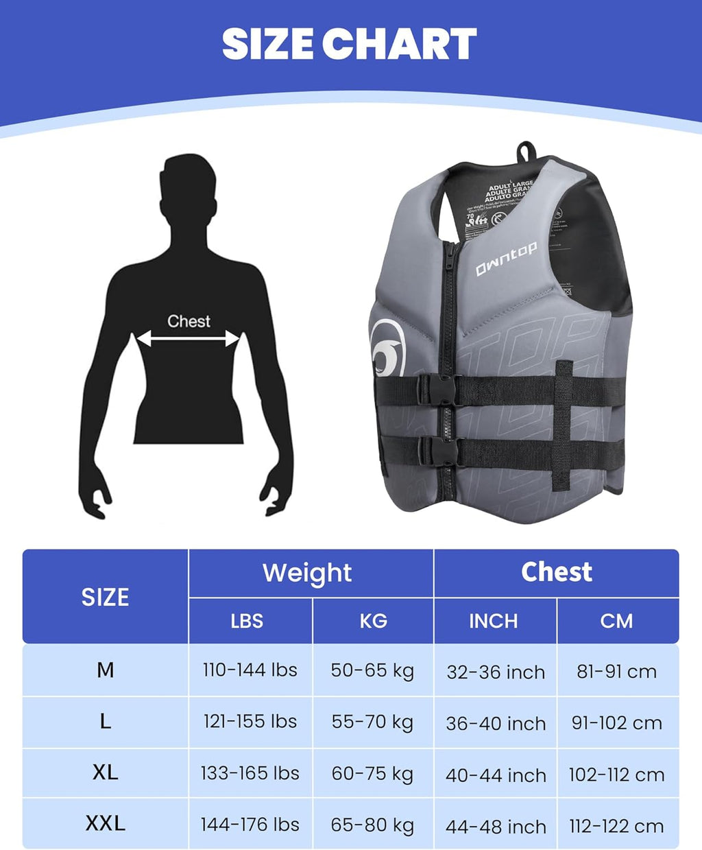 Owntop Swim Vest - Adult Neoprene Water Sport Floaties for Swimming, Boating & Kayaking | Adjustable Zipper & Dual Buckle