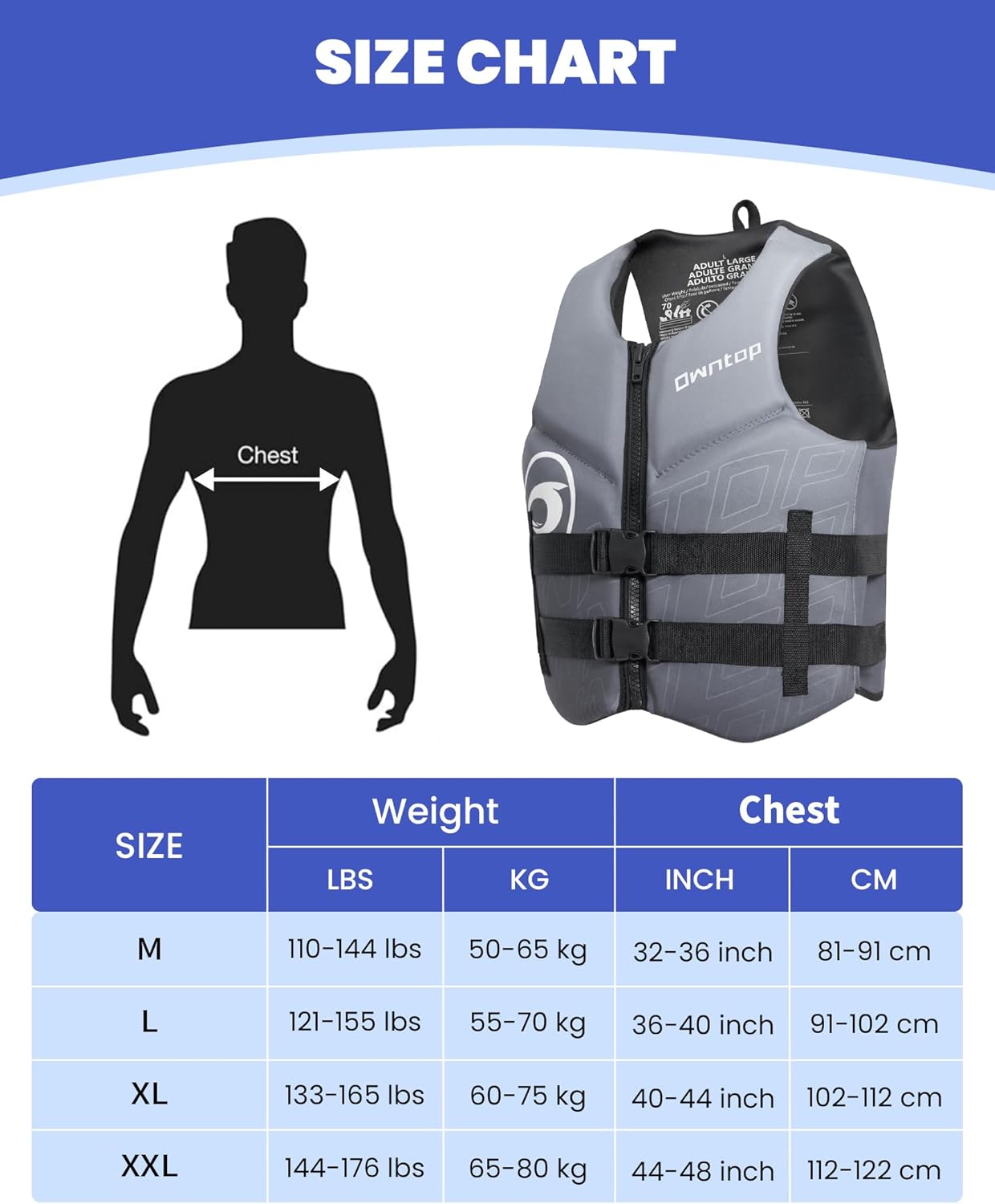 Owntop Swim Vest - Adult Neoprene Water Sport Floaties for Swimming, Boating & Kayaking | Adjustable Zipper & Dual Buckle