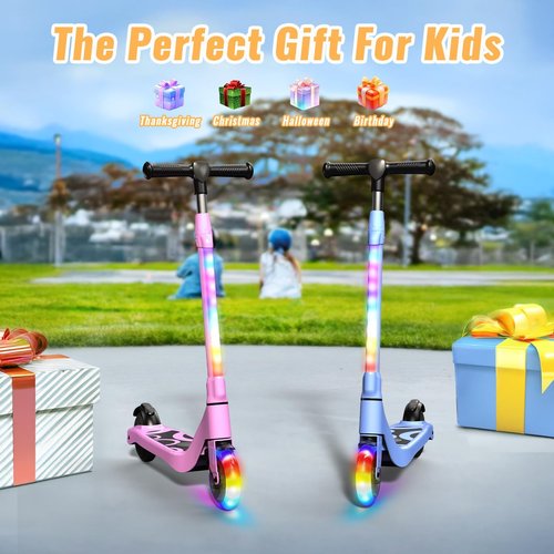 Electric Scooter for Kids Age 6-12, 60W Motor, 5Miles Range, 6.2mph, 5.3" Rubber Tires w/RGB Wheel Lights & 7-Color Headlight, 3 Adjustable Height, Anti-Slip Footpad/Handle, Rear Brake(Pink)