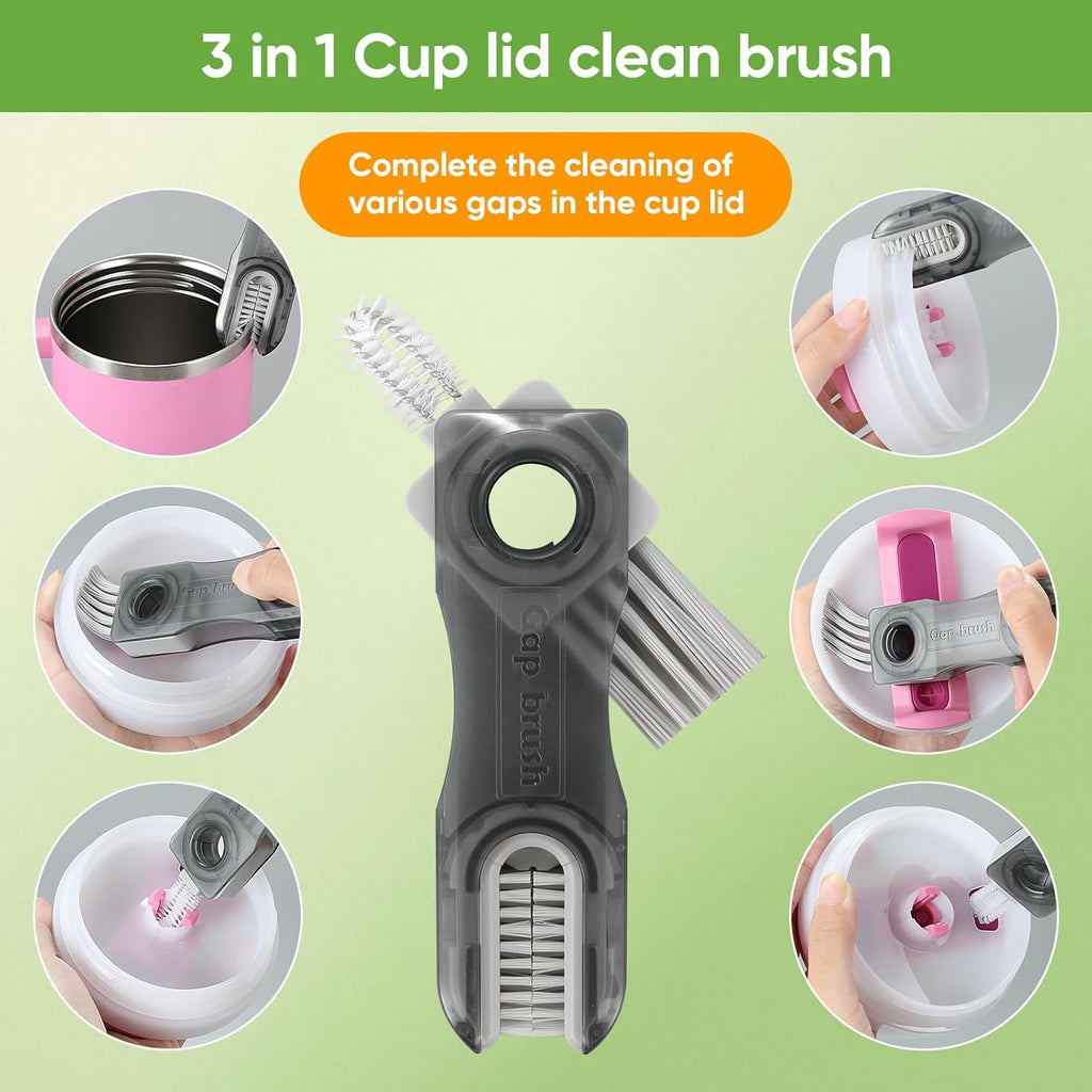 Skiennix 3-Piece Bottle Cleaning Brush Set - Long Wooden Handle for Tumblers & Mugs | Includes Straw & Lid Brushes