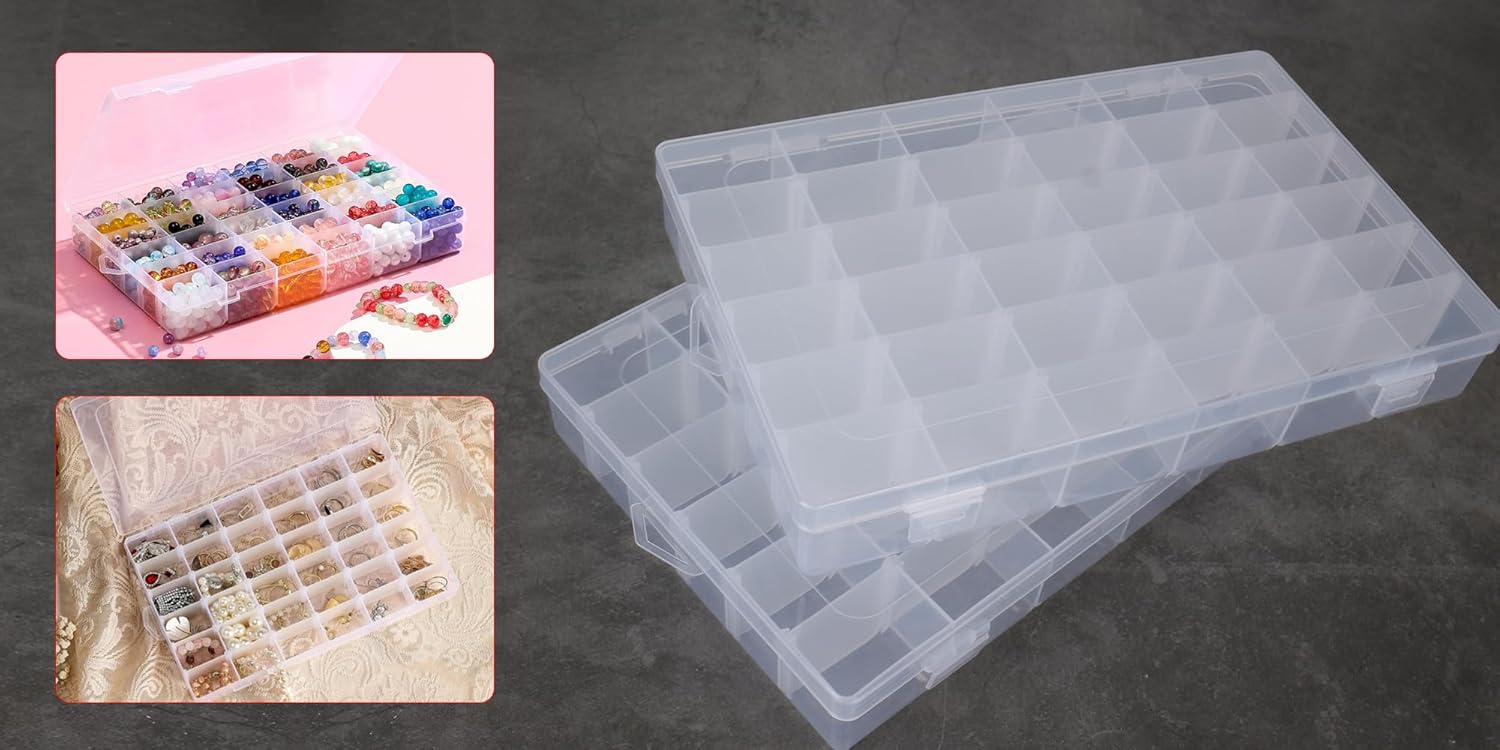 Skiennix Clear Plastic Storage Box - Rectangular Organizer for Beads, Jewelry & Crafts | 36 Grids with Labels
