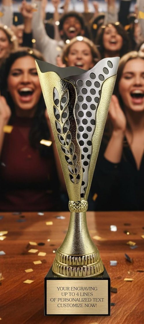 Custom Trophy Cup by [Brand Name] - 14” Tall Engraved Gold & Silver Award for Sports | Personalized MVP Plate