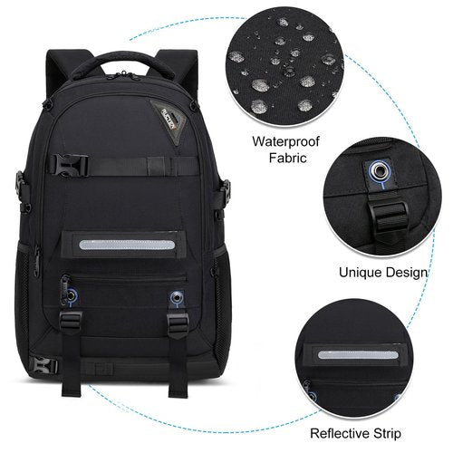 RUCYEN Skateboard Backpack, Laptop Backpack with USB Charging Port, RFID Anti-Theft Lock, Waterproof Fabric, Fits up to 15.6 Inch Laptop, for Business Travel Men (Black)