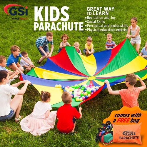 GSi Kids Play Parachute Rainbow Parachute Toy Tent Game for Children Gymnastics Cooperative Play and Outdoor Playground Activities (20 Feet)