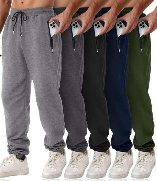OZYJD Mens Sweatpants with Zipper Pockets 5 Pack Athletic Joggers for Men Warm Slim Fit Track Workout Running Sweat Pants