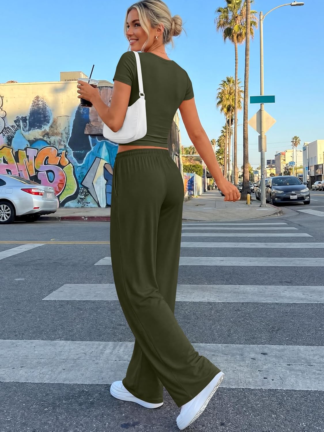 Trendy Queen | 2-Piece Summer Lounge Set for Women - Side Ruching Top & Wide Leg Pants with Pockets