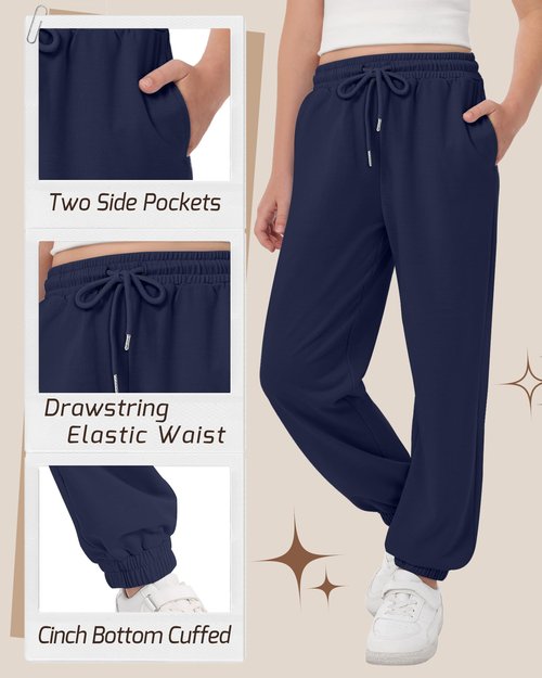LessonZoo 3 Pack Girls Sweatpants Drawstring Wide Leg Baggy Sweat Pants High Waist Active Joggers for Kids with Pockets 5-14Y(Black, Light Heather Gray, Navy Blue,13-14 Years)