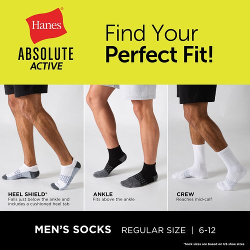 Hanes Men's Absolute Active Cushioned Heel Shield Socks, Moisture Wicking Socks, Seamless Toe, 4-Pack