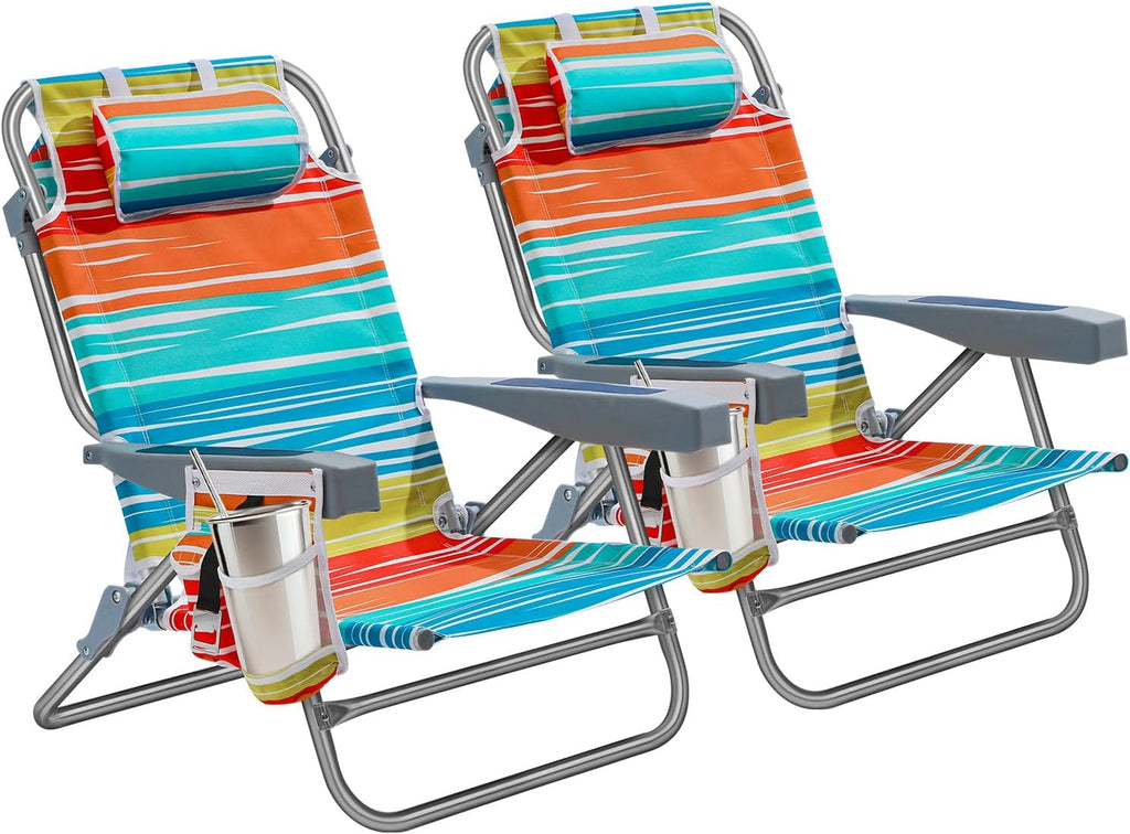 Skiennix Aluminum Lay Flat Beach Chair - Compact 5-Position Design with Cooler Pouch | 2-Pack Multicolor Stripe