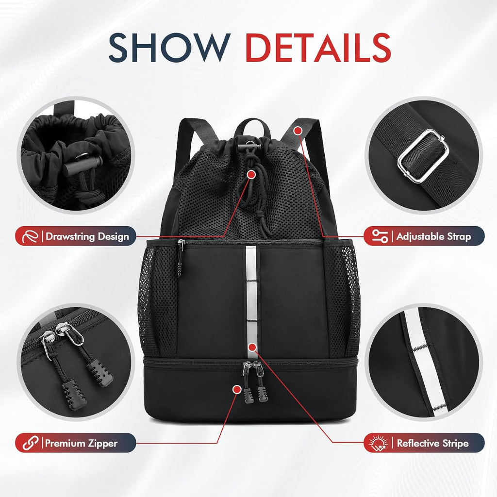 PinCute Drawstring Gym Bag - Lightweight Mesh Sports Backpack with Wet Pocket & Shoe Compartment