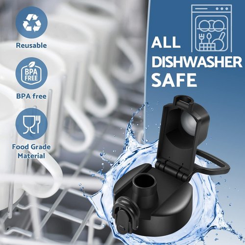 Bosizhang Water Bottle Lid Replacement for Wide Mouth with D-ring shape locking carabiner, Auto Spout and Button Lock, Compatible with Hydro Flask, Bubba, Contigo, Iron Flask, Takeya and Other Brand