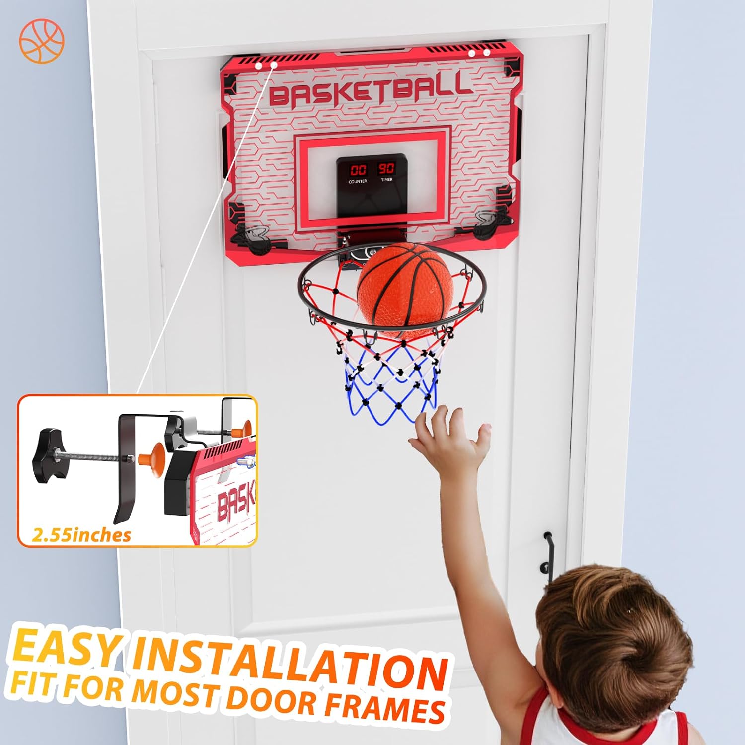 Skiennix Indoor Mini Basketball Hoop - Over The Door with LED Lights & Sound Effects | Includes 3 Balls, Perfect Sports Gift for Kids Ages 6-12