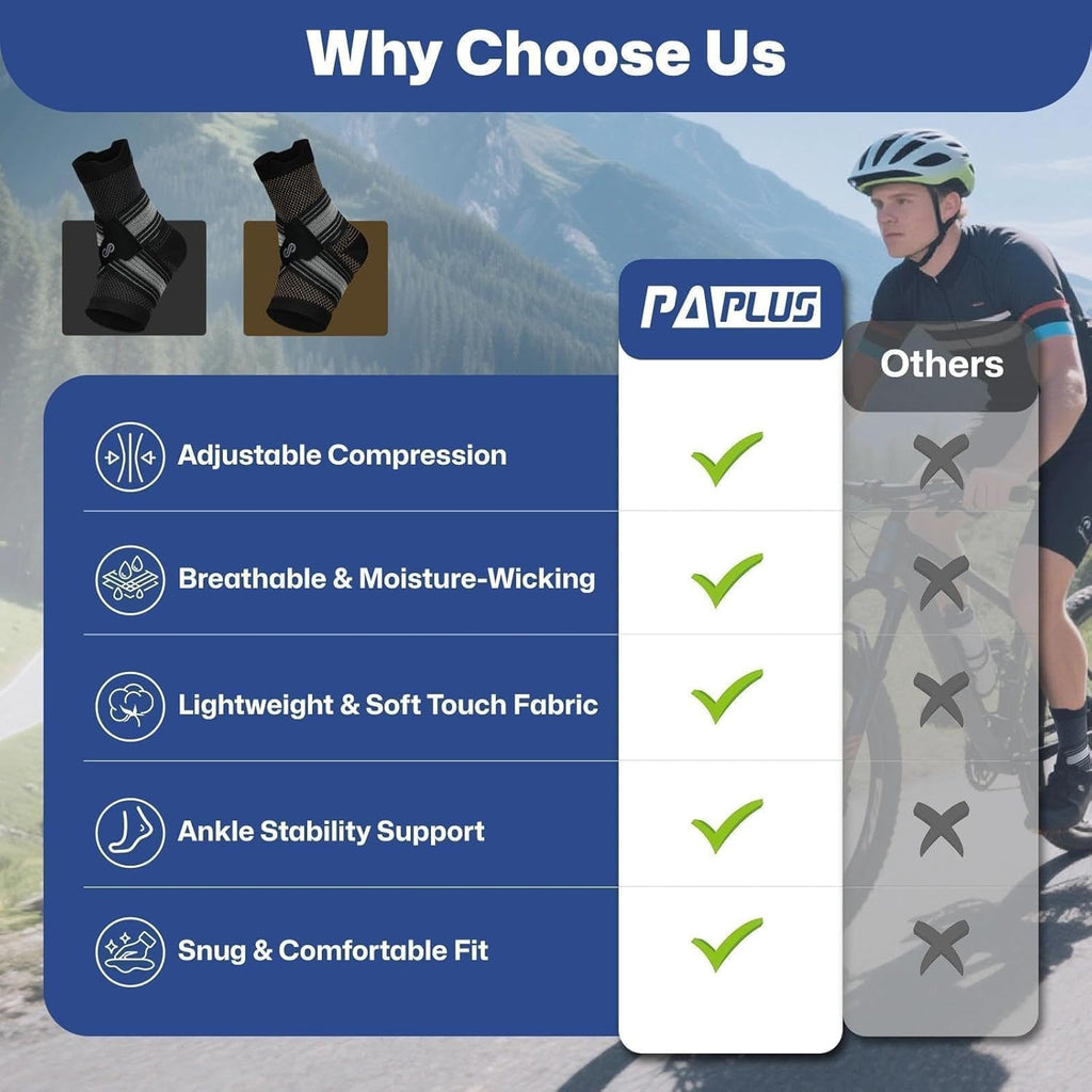 PAPLUS Ankle Brace for Plantar Fasciitis Relief | Adjustable Support for Foot Pain - Black, 2 Pairs