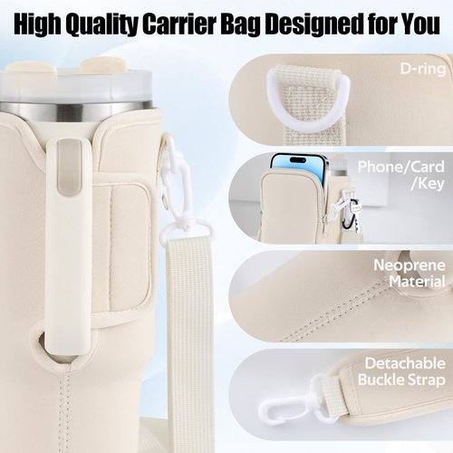 Slok Water Bottle Carrier Bag with Phone Pocket for 40 oz Stanley Quencher, Neoprene Water Bottle Holder with Adjustable Strap for Outdoor Walking Hiking Travelling Sports