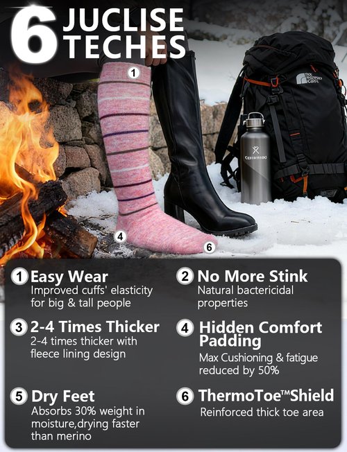 Juclise Alpaca Wool Heavyweight 15-25 mmHg Knee High Compression Support Socks Thick Winter Thermal Warm Soft (US, Alpha, Large, Regular, Regular, Black Lines+Dusty Pink Lines)