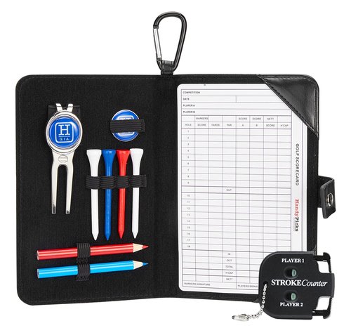 Handy Picks Golf Scorecard Holder n Yardage Book Cover in Genuine Leather - Divot Repair Tool, Ball Marker, Golf Tees, Pencil n Scorecards, Scorer Included, Gift for Golfers