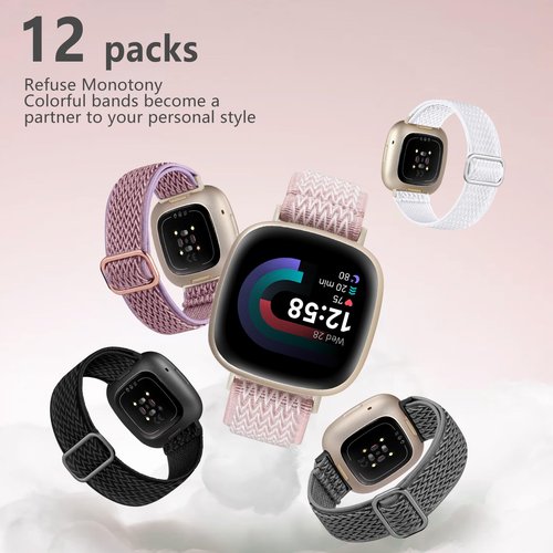 GEAK 12 Pack Elastic Nylon Band Compatible with Fitbit Versa 3/Fitbit Versa 4/Fitbit Sense/Sense 2 Bands for Women Men, Breathable Stretchy Sport Solo Loop Strap for Fitbit Versa 3/Versa 4 Smartwatch
