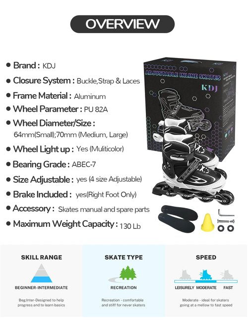 Inline Skates for Kids, Adjustable Roller Skates with 4 Illuminating Pu Wheels, Outdoors Indoors Roller Skates for Kids Boys Girls Beginners (White-F, Medium - Big Kids (1-4 US)