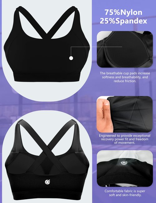 Cordaw Pickleball Sports Bras for Women High Support, Molded Cup Crisscross Back High Impact Workout Yoga Bra Black L